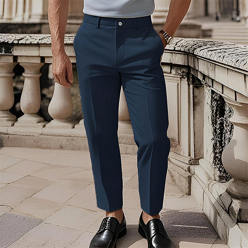 Men's Cotton Pants Chinos Slacks Buttons Pocket Plain Comfort Formal Party Work Fashion Classic Style Black White Micro-elastic3