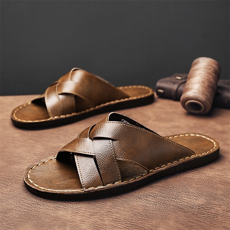 Men's Brown Faux Leather Cross-Strap Sandals – Casual Slip-On Sandals with Durable Sole, Perfect for Everyday Comfort, Vacation and Outdoor Adventures2