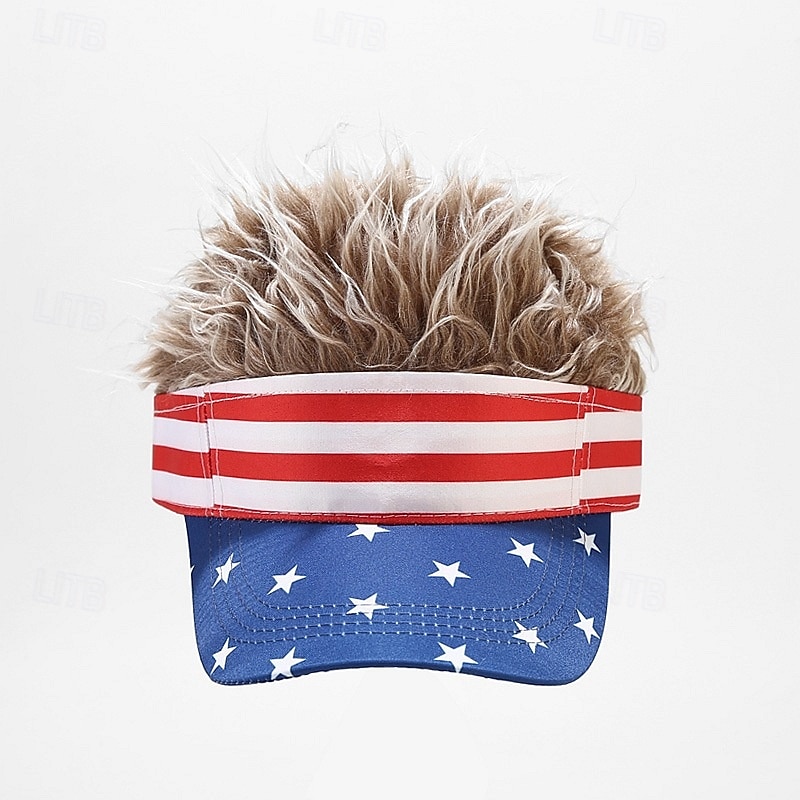 American Flag Mens Visor Cap Wig Adjustable Baseball Cap Golf Hats with Fake Hair3