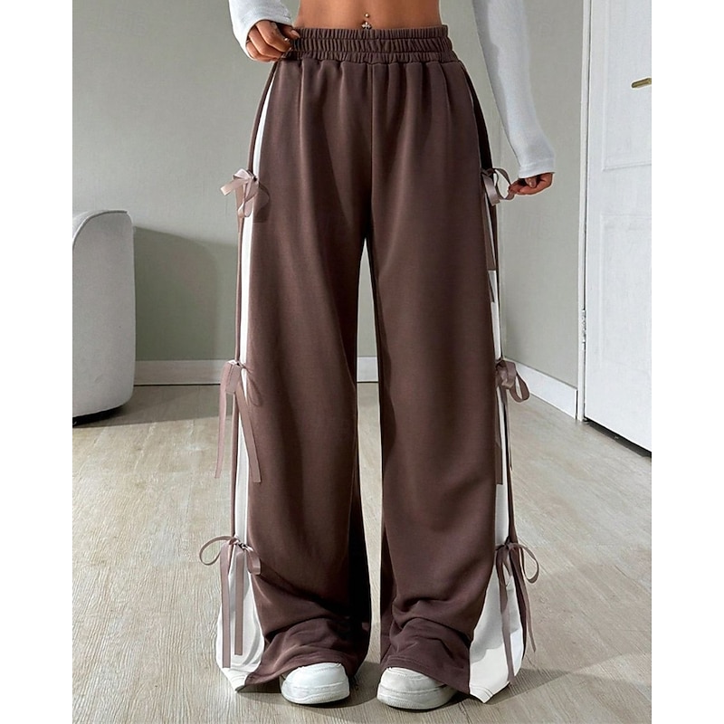 Women's Sweatpants Palazzo Pants Fashion Streetwear Comfort Full Length Mid Waist Color Block Patchwork Elastic Waist Comfy Comfortable Street Daily Wear Going out Coffee Gray Summer Spring Regular4