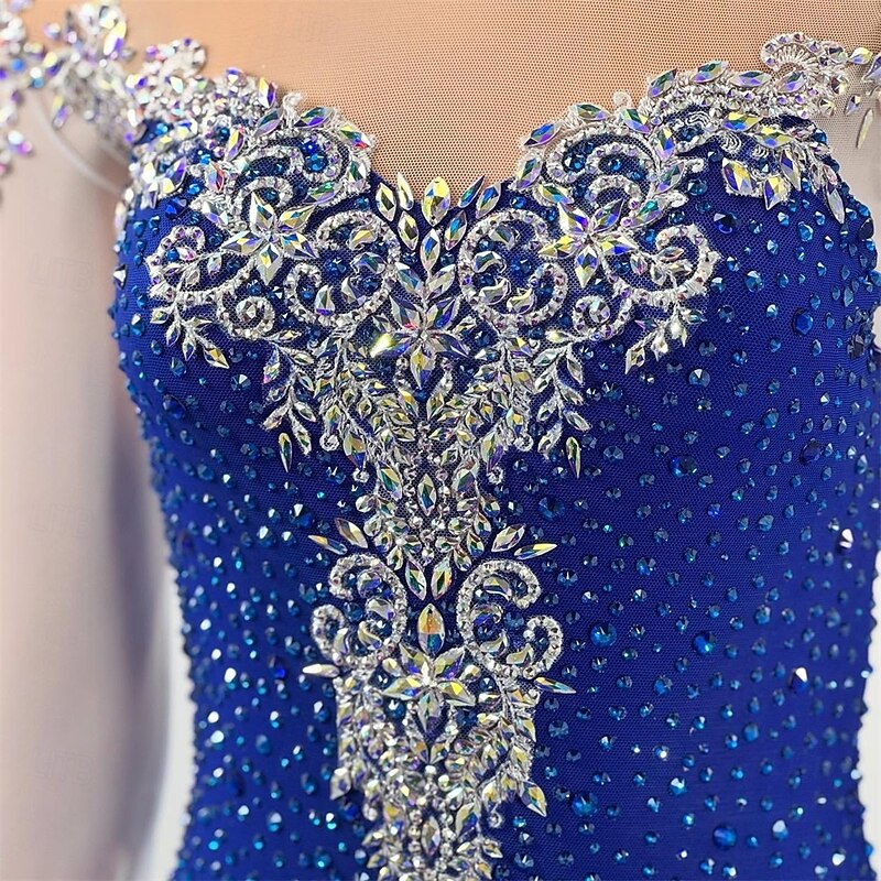 Figure Skating Dress Women's Girls' Ice Skating Dress Royal Blue Thumbhole Open Back Mesh High Elasticity Training Competition Skating Wear Classic Crystal / Rhinestone Long Sleeve Ice Skating Figure2