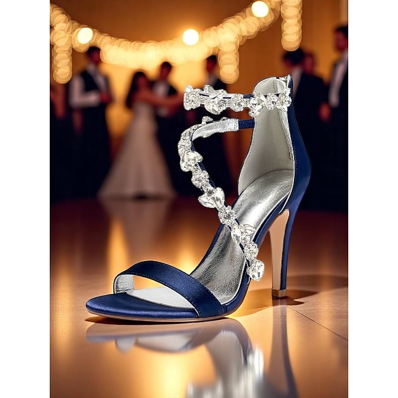 Women's Navy Satin Bridal Stiletto Heels with Rhinestone Embellishments - Elegant Wedding Shoes for Formal and Cocktail Occasions
