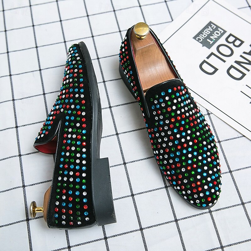 Men's Black Velvet Loafers with Multicolor Studs – Statement Graduation Prom Party Shoes4