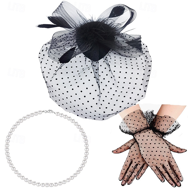 1950s Vintage Fascinator Hat Faux Feather Mesh Net Cocktail Tea Party Headwear ,Necklace and Women Short Lace Gloves