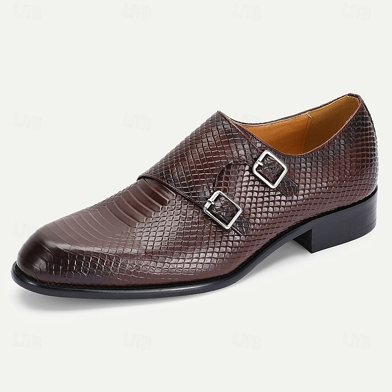 Men's Brown Snakeskin Pattern Leather Monk Strap Shoes – Sophisticated Kentucky Derby Dress Shoes for Outdoor Events and Horse Races2