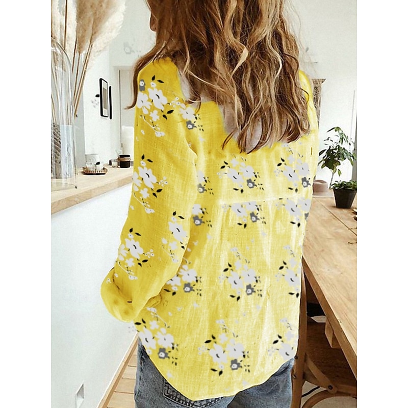Women's Cotton Linen Shirt Floral Daily Casual Long Sleeve Shirt Collar Regular Tops Daily Buttons Print White Yellow Blue Summer3