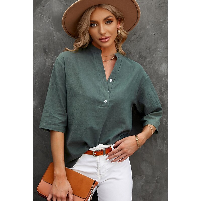 Women's Plus Size Shirt Button Up Solid Color Retro Vintage Work Half Sleeve High Neck Regular Tops Work Daily Buttons Black Yellow Pink Royal Blue Green Summer Spring Fall