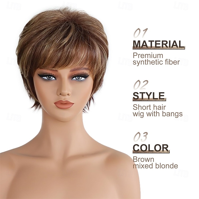 Pixie Layered Short Blonde Brown Wigs for White Women With Bangs Realistic Wig Synthetic Heat Resistant Wigs Daily Use Wig3
