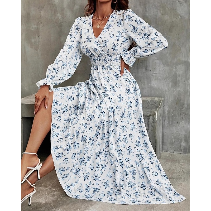 Women's Long Dress Maxi Dress Casual Dress Swing Dress Print Dress Fashion Classic Modern Puff Sleeve Outdoor Vacation Holiday Regular Fit Flower Long Sleeve V Neck Black White Green Summer