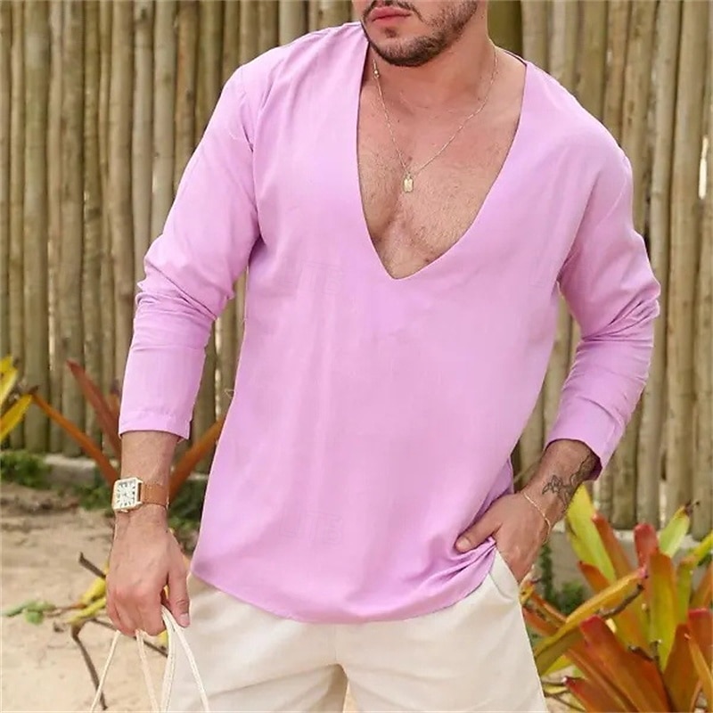 Men's T Shirt Tee Short Sleeve Shirt Tee Top Short Sleeve V Neck Summer Plain Fashion Designer Sexy Vacation Street Going out Pink Green Khaki Top Tee for Men3