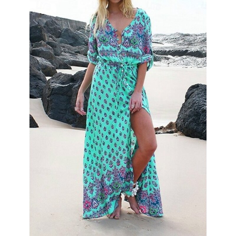 Women's Maxi Dress A Line Dress Casual Party Beach Regular Fit Graphic 3/4 Length Sleeve V Neck Pink Blue Green Summer Spring2