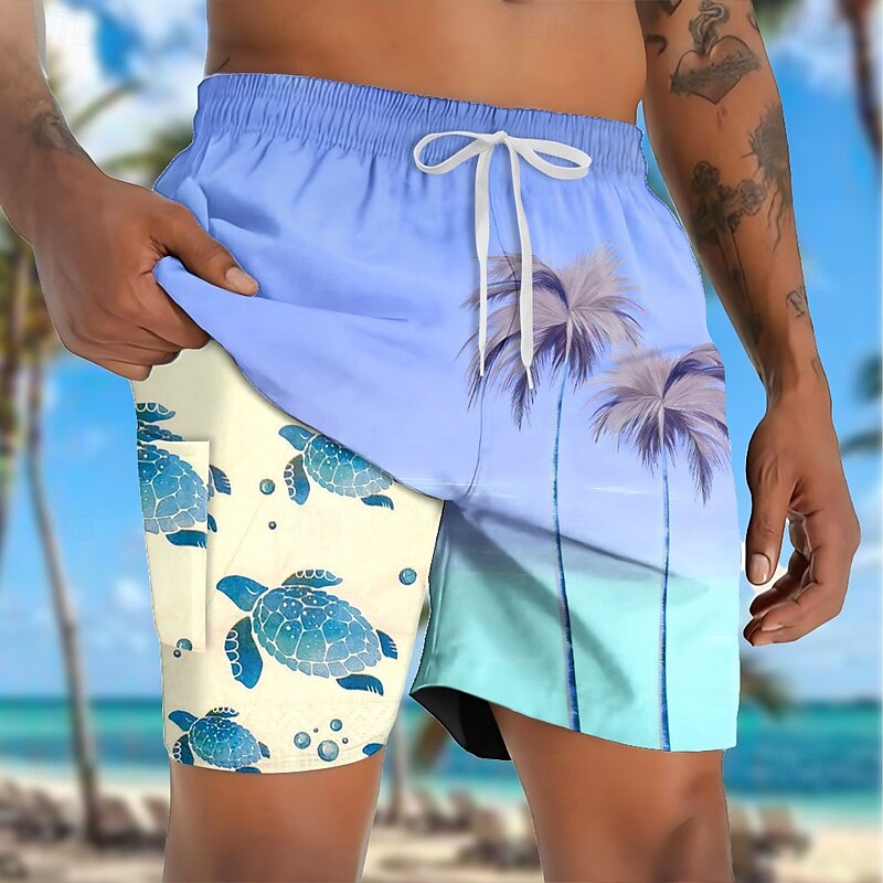 Men's Coconut Tree Turtles Tropical Plants Lined Shorts 2 in 1 Board Shorts Swim Shorts Mid Waist Hawaiian Vacation Side Pockets With Compression Liner Elastic Drawstring Waist Designer Clothing3