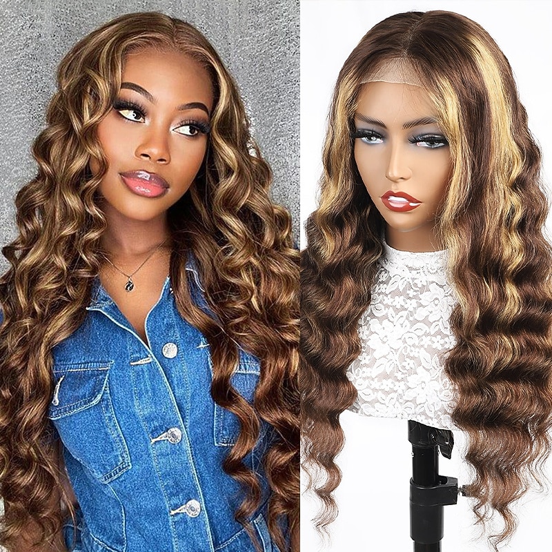 4x4 Highlight P4/27 Piano Color Lace Wig Loose Deep Wave Lace Wig 150% Density Human Hair