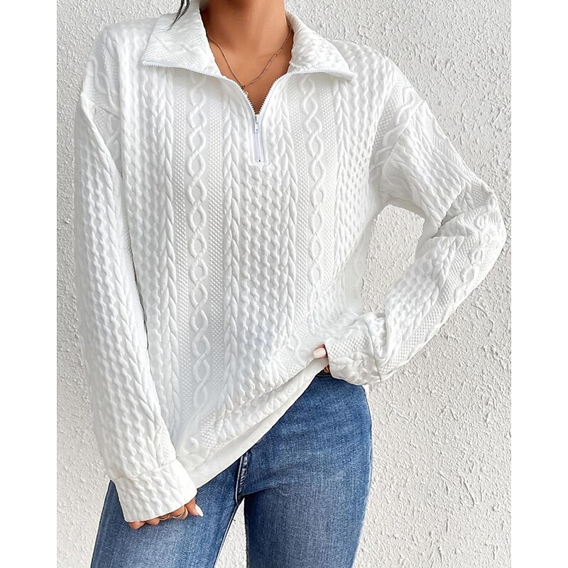 Women's Shirt Texture Sweatshirt Dressy Tops Plain Stylish Modern Long Sleeve Shirt Collar Regular Tops Daily Holiday Quarter Zip White Spring Fall4
