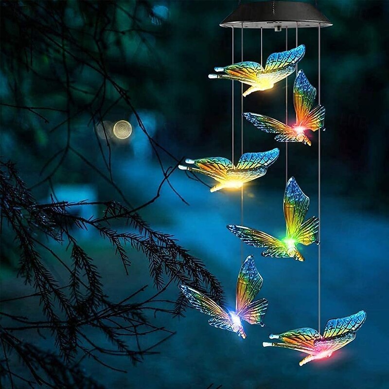 1 Pc Outdoor Solar Waterproof Blue Yellow Butterfly Wind Chime Light Courtyard Garden Balcony Landscape Light Hanging Decorative Light2