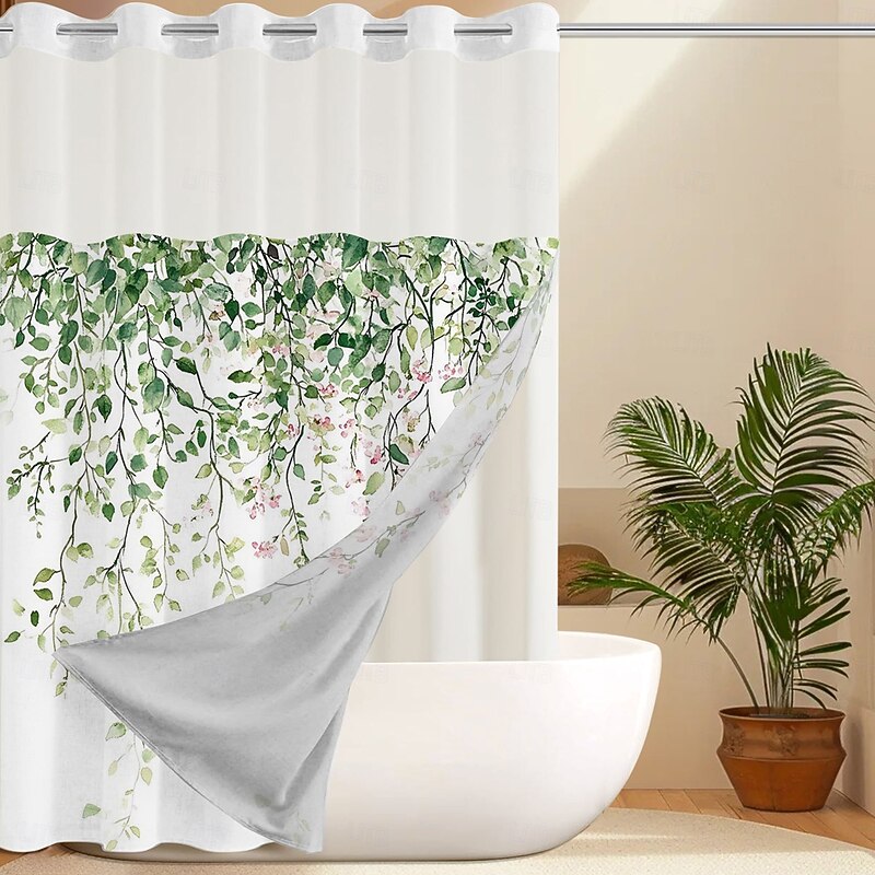 No Hook Shower Curtain 180cm*180cm(70"*70")with Snap-in Polyester Fabric Liner Sheer Top Window Waterproof Double Layer Bathtub Curtain Leaves Pattern4