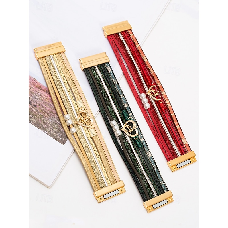 Women's Magnetic Faux Leather Bracelet – Heart & Pearl Charm Alloy Cuff with Inspirational Text, Boho Style Fashion Jewelry Gift for Mom, Suitable for Mother's Day, Birthdays and Casual Outfits3