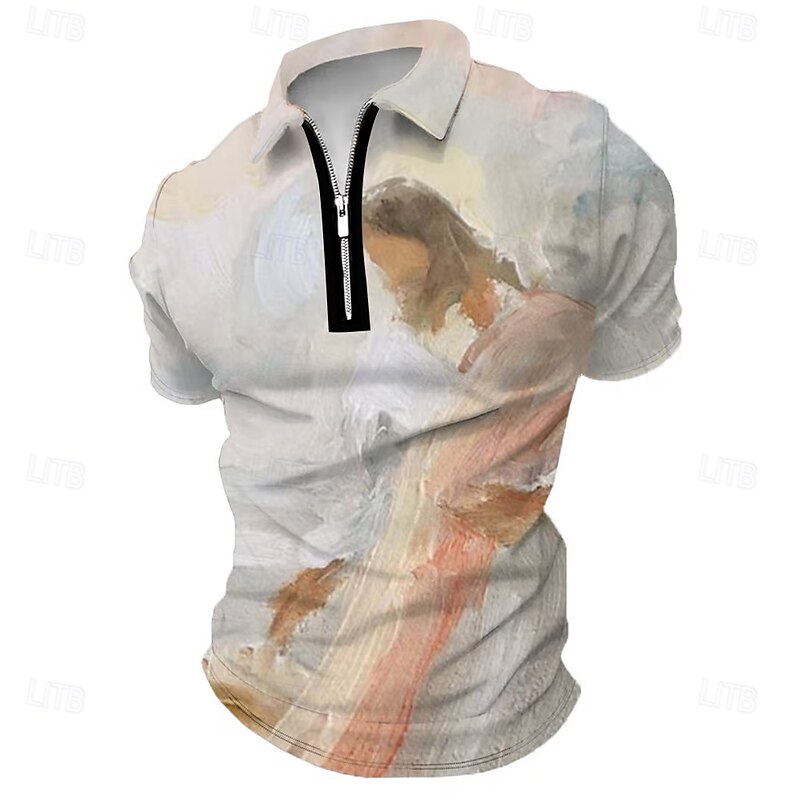 Men's Jesus Zip Polo Short Sleeve Turndown Vintage Outdoor Athleisure Casual Daily Zipper Summer Brown