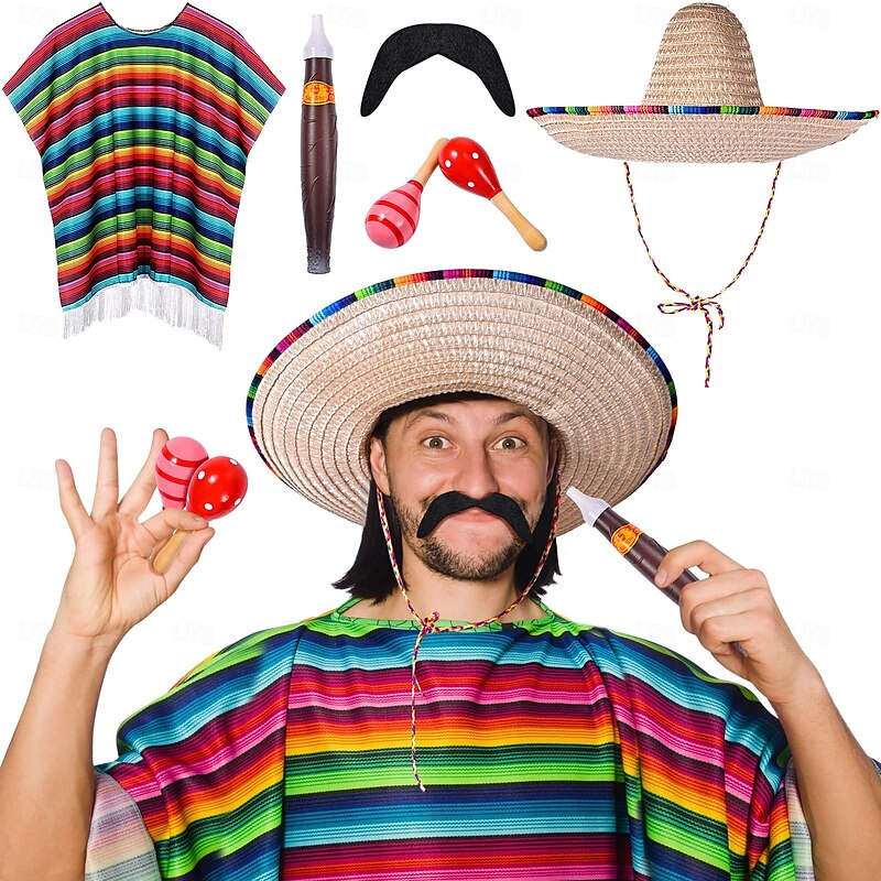 6 Pcs Mexico Costume Set Including Sombrero Hat Mexico Poncho Fake Mustache Colorful Maracas and Stick Prop for Adults Men Women Cinco De Mayo Outfit Fiesta Event Party