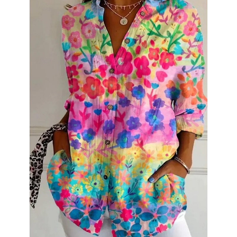 Women's Shirt Floral Striped Stylish Modern Long Sleeve Shirt Collar Regular Tops Daily Holiday Pocket Buttons Print Blue Purple Fuchsia Orange Summer2