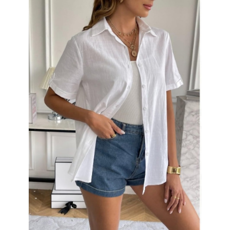 Women's Shirt Solid Color Basic Casual Short Sleeve Shirt Collar Regular Tops Daily Buttons Black White Pink Blue Summer3