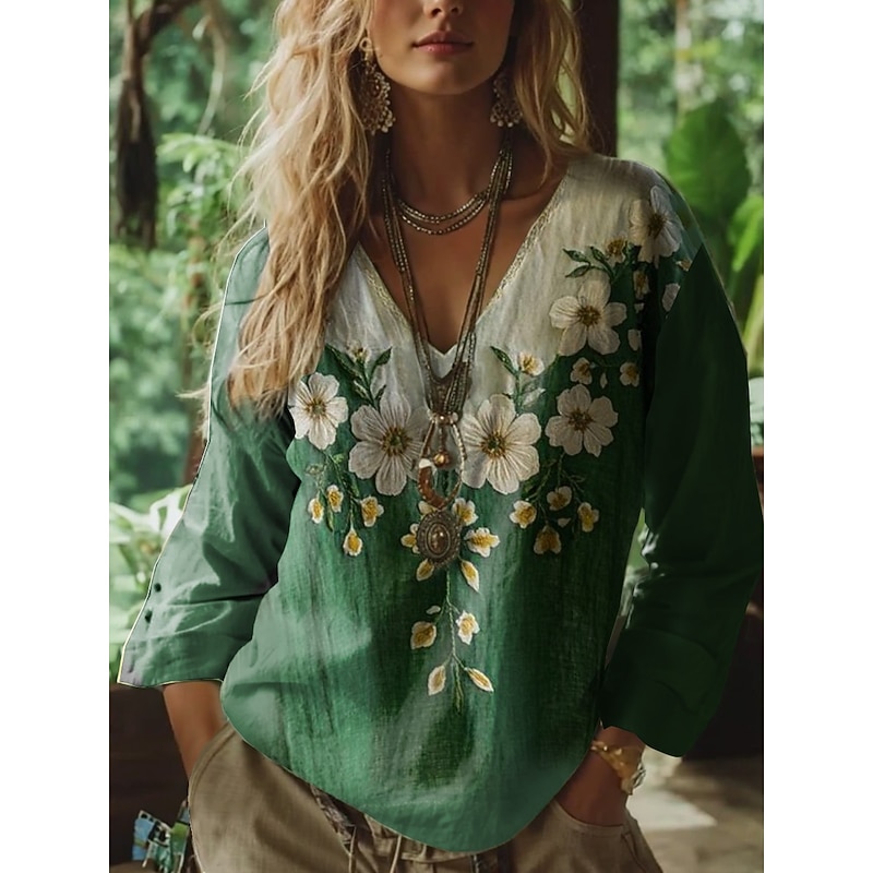 Women's Boho Blouse Floral Graphic Paisley Bohemia Vintage Tropical 3/4 Length Sleeve V Neck Regular Tops White Green Summer Spring2