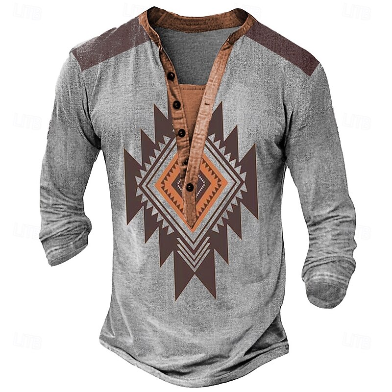 Men's Tribal T Shirt Henley Shirt Long Sleeve Designer Retro Vintage Casual Street Casual Daily Summer Spring Fall Green Khaki Light Grey Henley Collar Henley Henley T-Shirt3