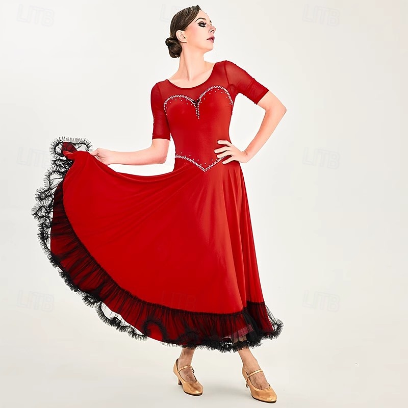 Women's Ballroom Dance Competition Dress Modern Waltz Tango Standard Dress Short Sleeve Performance Costumes