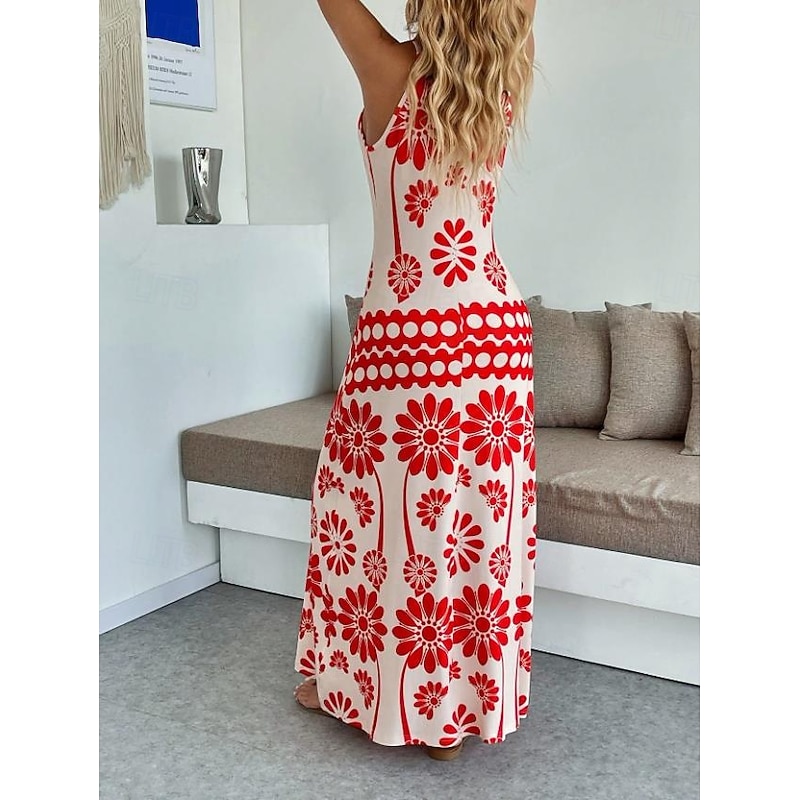 Women's Maxi Dress A Line Dress Slip Dress Vacation Casual Boho Party Going out Standard Fit Floral Graphic Sleeveless V Neck Orange red Black Blue Green Summer Spring2