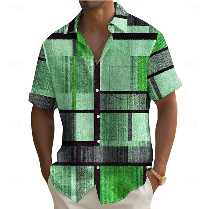 Men's Geometric Color Block Patchwork Shirt Summer Shirt Button Up Shirt Short Sleeve Fashion Casual Vacation Holiday Streetwear Summer Turndown 3D Print Front One Pocket Linen Like Shirt Orange2