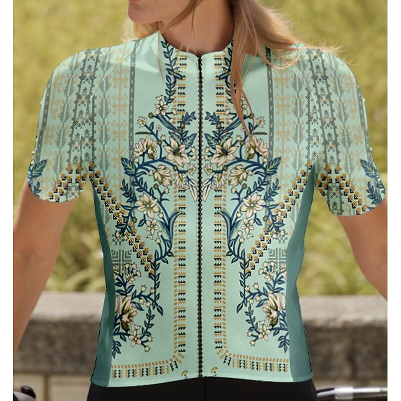 Women's Cycling Jersey Graphic Floral Botanical Vintage Short Sleeve Bike Jersey Top with 3 Rear Pockets Quick Dry Reflective Strips Back Pocket Moisture Wicking Sports Green Clothing Apparel3