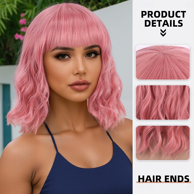 Synthetic Wig Body Wave Curly Weave Asymmetrical Neat Bang Machine Made Wig 14 inch A1 Synthetic Hair Women's Party Classic Comfortable Pink2