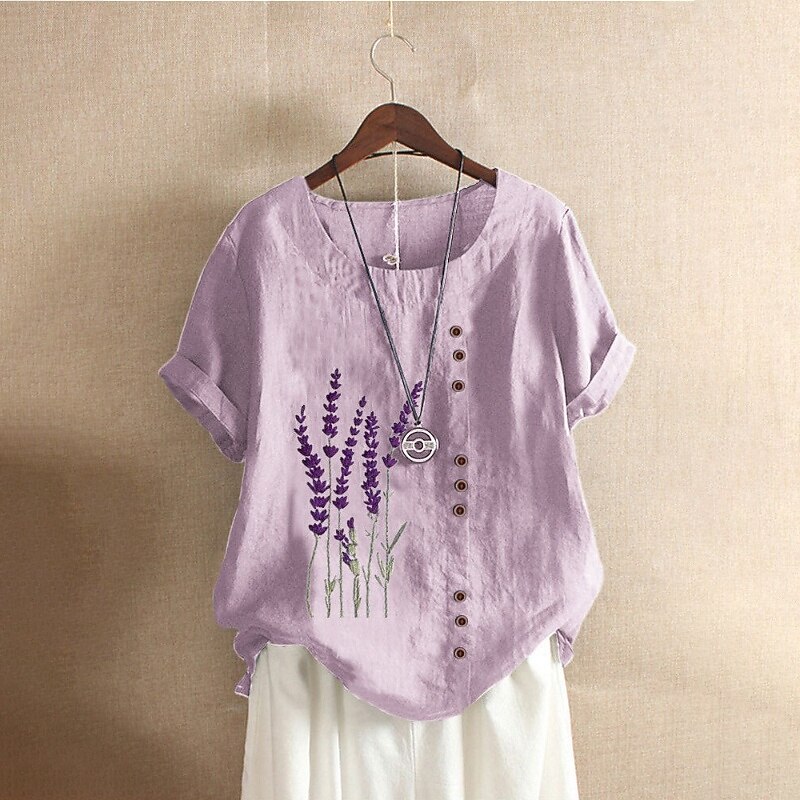 Women's Blouse Cotton Linen Shirts Flower Basic Casual Short Sleeve Crew Neck Regular Tops Daily Holiday Going out Print White Yellow Blue Purple Summer2