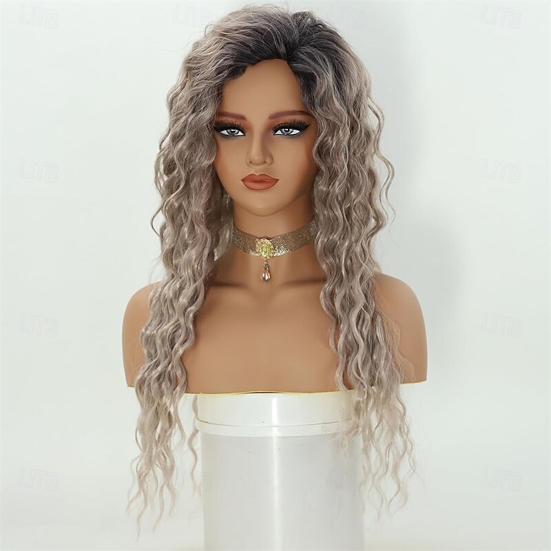 Fencca Grey Blonde Long Curly Wigs for Women Synthetic Layered Wavy Wig with Dark Roots Puffy Easy Wear To Go Curly Hair Wig Mix Color3