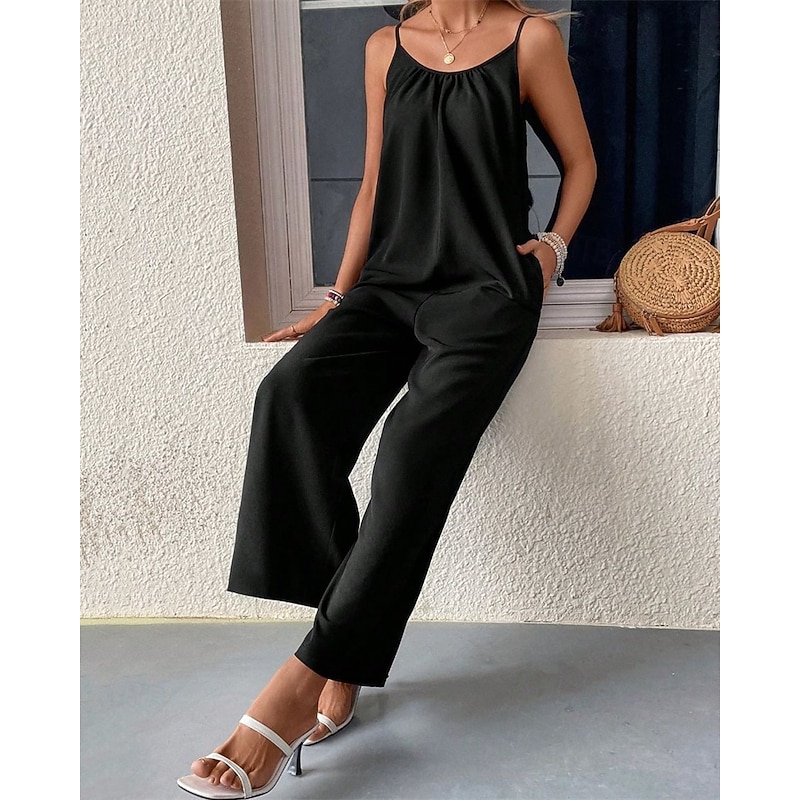 Women's Normal Jumpsuit Streetwear Solid Color Sleeveless Straight Crew Neck Pocket Street Daily Regular Fit Black Summer4