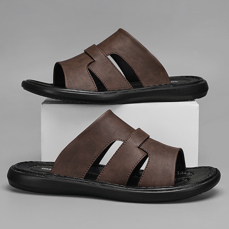 Men's Brown Faux Leather Slide Sandals – Premium Quality with Adjustable Straps, Perfect for Summer Vacations, Beachwear and Casual Outdoor Activities4