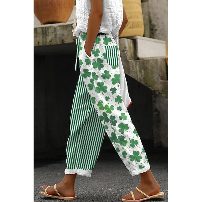 Women's Cotton Linen Pants Slacks Fashion Full Length Natural Floral Pocket Printing Elastic Drawstring Design Comfy Outdoor Comfortable Outdoor Vacation Going out Light Sky Blue Black Light Green4