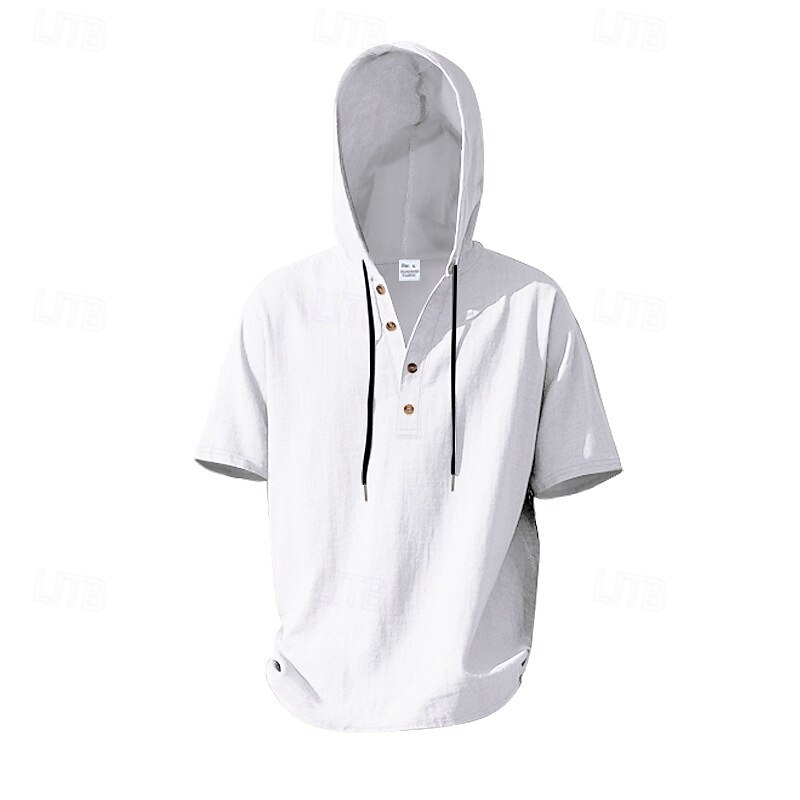 Men's Shirt Linen Shirt Popover Shirt Casual Shirt Cotton Shirt Plain Vacation Street Black White Yellow Navy Blue Short Sleeve Hooded Summer Clothing Apparel Button-Down3