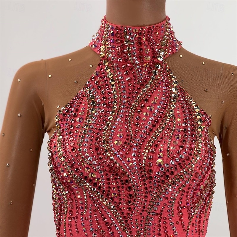 Figure Skating Dress Women's Girls' Ice Skating Dress Red Thumbhole Asymmetric Hem Mesh High Elasticity Training Competition Skating Wear Classic Crystal / Rhinestone Long Sleeve Ice Skating Figure4