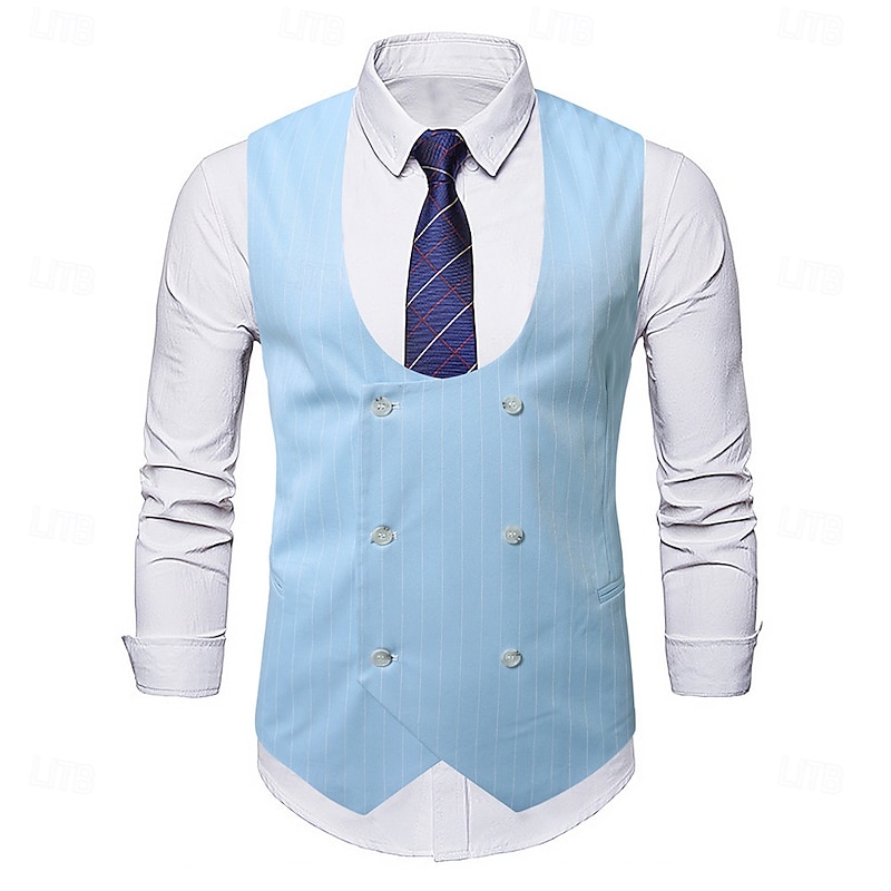Men's Blazer Business Cocktail Party Wedding Party Fashion Casual Spring &  Fall Polyester Stripes Pocket Buttons Comfortable Double Breasted Blazer Black White Sky Blue2