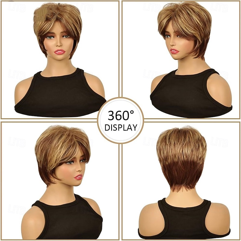 Short Brown Pixie Cut Wig Short Hair Wigs with Bangs Mixed Blonde Highlight Layered Fluffy Synthetic Hair Replacement Wig for Women Halloween Costumes Wigs4