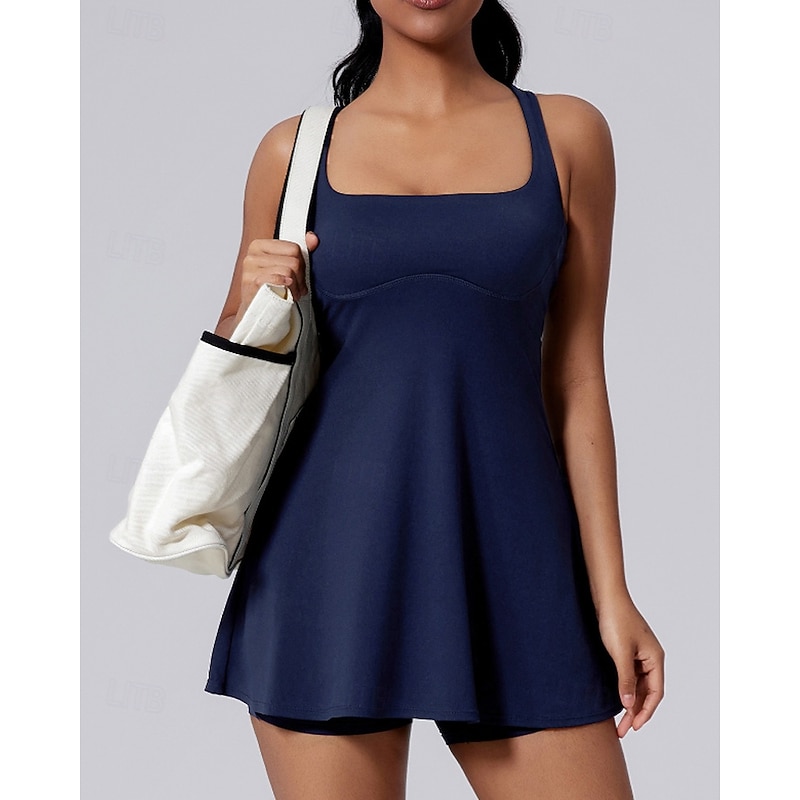 Women's Solid Colored Tennis Dress with Shorts Sports Dress Sleeveless Pleated Breathable Tennis Golf Pickleball Square Neck Dress Cutout Back White Yellow Dark Navy Tennis Clothing