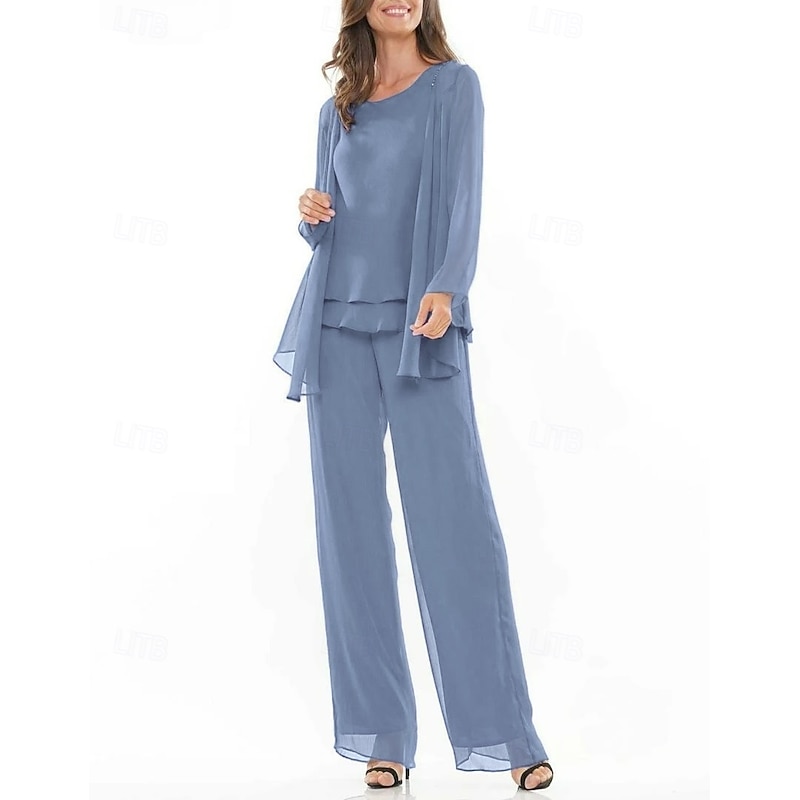 Pantsuit 3 Piece Mother of the Bride Dress Elegant Crew Neck Floor Length Chiffon Long Sleeve Wrap Included with Lace Tier Embroidery2