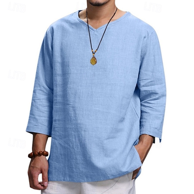 Men's Shirt Linen Shirt Popover Shirt Summer Shirt Beach Wear Solid Color Vacation Casual Black Navy Blue Sky Blue Khaki 3/4 Sleeve V Neck Summer Spring Clothing Apparel