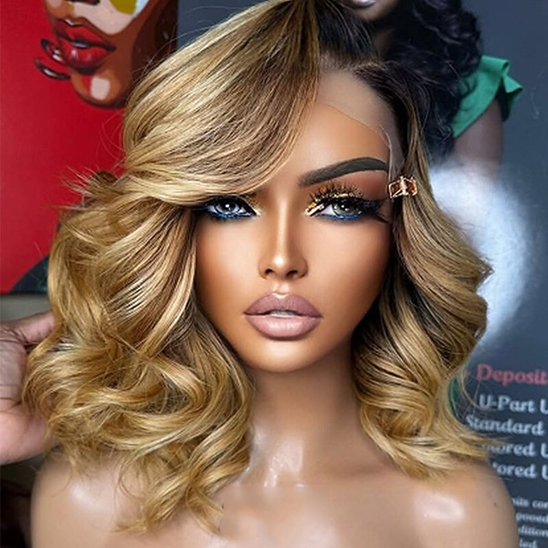 Remy Human Hair 5x5 Closure 13x4 Lace Front Wig Short Bob Brazilian Hair Loose Wave Multi-color Wig 130% 150% Density Highlighted / Balayage Hair Natural Hairline 100% Virgin Glueless Pre-Plucked For3