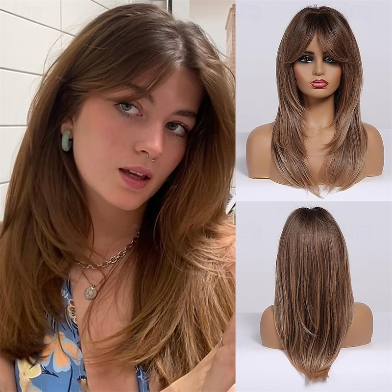 Ombre Brown Wigs with Bangs Long Straight Layered Wig for Women Heat Resistant Syntehtic Hair Wigs - Main Image