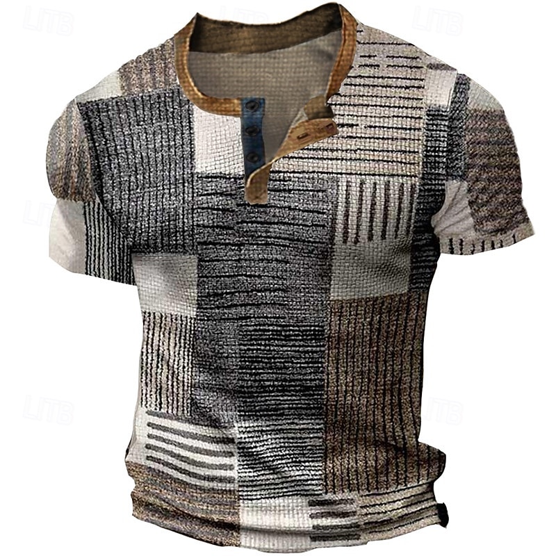 Men's Graphic Plaid Waffle Henley Shirt Tee Short Sleeve 3D Print Fashion Designer Basic Outdoor Casual Daily Summer Blue Green Khaki Dark Gray Henley Henley T-Shirt