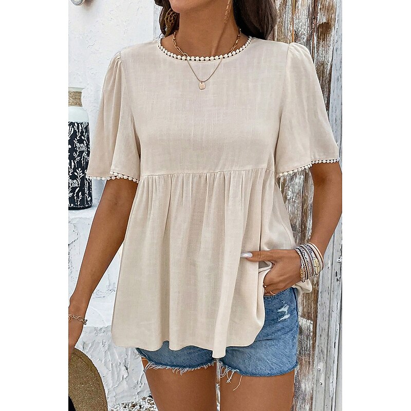 Women's Linen-Inspired Shirts Blouse Plain Modern Casual Short Sleeve Crew Neck Regular Tops Daily Holiday Going out Ruched Apricot Summer