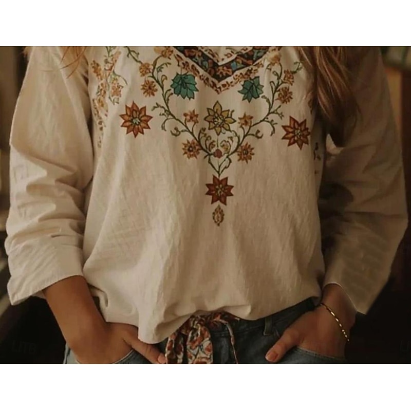 Women's Boho Blouse Floral Graphic Bohemia Vintage Tropical 3/4 Length Sleeve V Neck Regular Tops Beige Summer Spring3