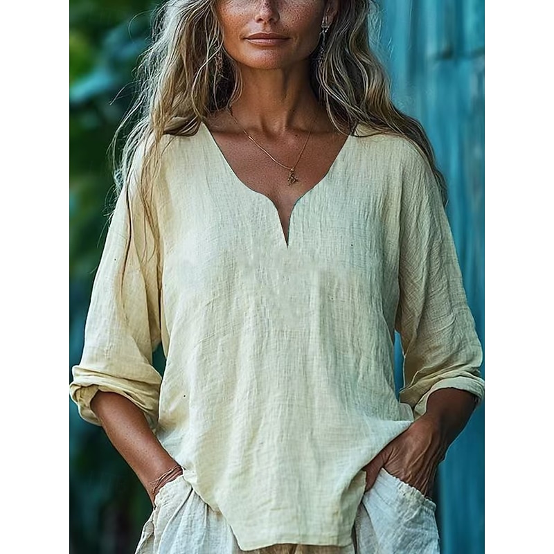 Women's Boho Shirt Blouse Daily Casual Long Sleeve V Neck Regular Tops Champagne Yellow Pink Sky Blue Purple Summer Spring Fall4